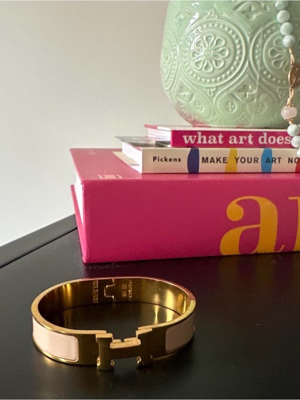 Hermes Gold and Light Pink Enamel H Hinged Bangle Bracelet